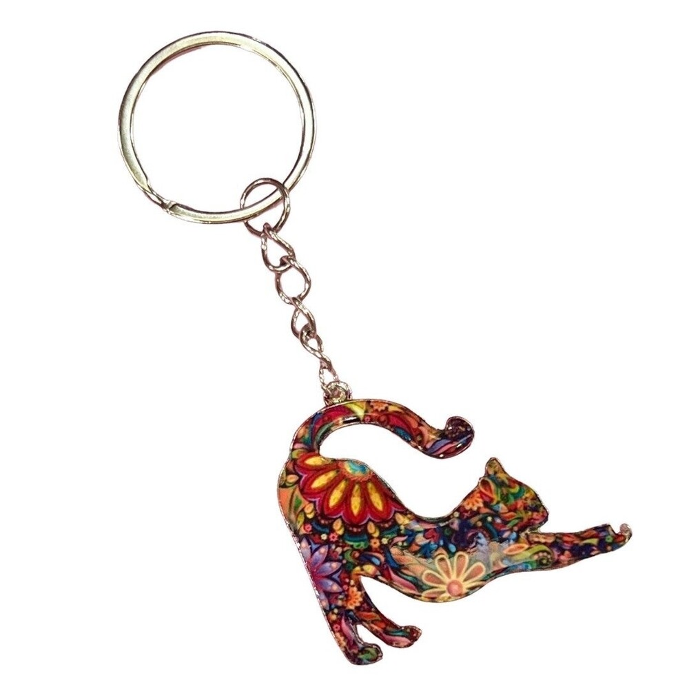 Hippie Floral Print Cat Keychain